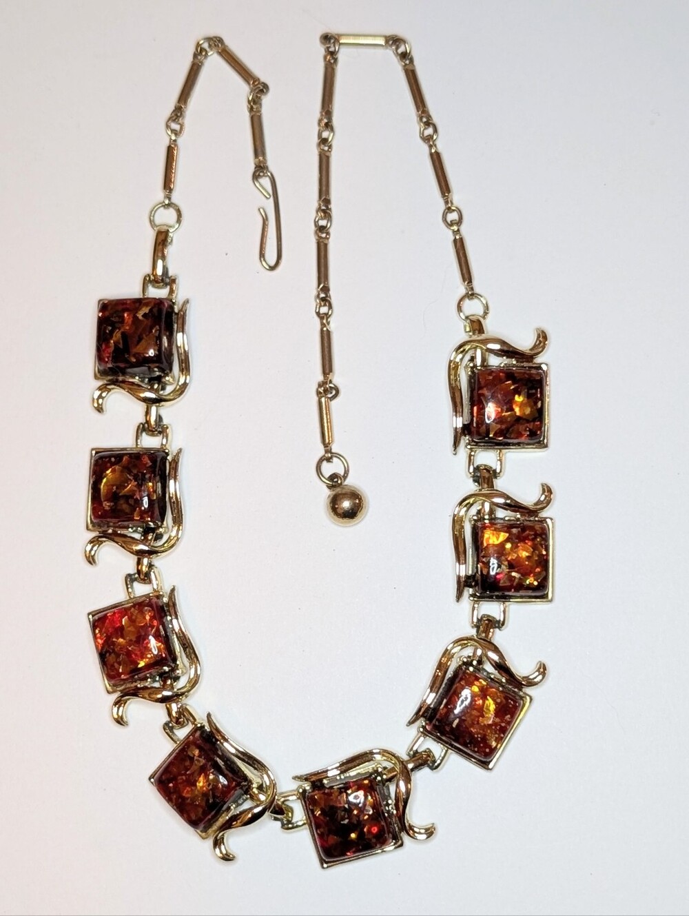 Coro Signed Pegasus Amber Foil Glass Square Panel Link Choker Necklace